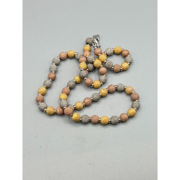 Tri Color Gold Over Sterling Silver Necklace Beaded Textured Silver 925 Classic - Picture 3 of 6